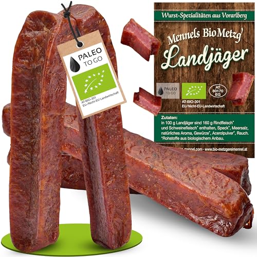 PALEO TO GO Bio Landjäger 6 Paar (à 140 g) - Premium Rohwurst-Spezialität aus Rind- und Schweinefleisch - 100% natürlich & ohne Zusätze - geräucherte Snack Wurst - herzhaft & aromatisch