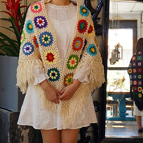 62x30in Handmade Crochet Fringed Poncho Cape Shawls Wraps Granny Square Womens Coat Sweater3