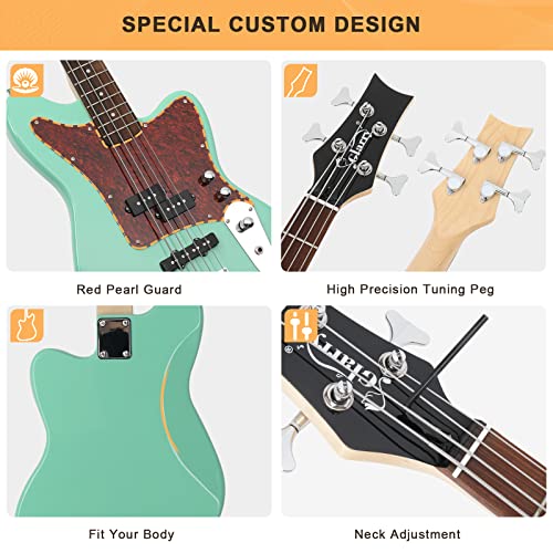 GLARRY 4 String Electric Bass Guitar Beginner Kit w/20w Amp, Red Pearl Guard Full Size Bass with Digital Tuner,Amp Cable, Strap, Bag and Accessories(Mint Green) - Thumbnail 6