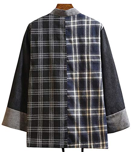 Hotmiss Mens Kimono Hipster Plaid Patchwork Linen Cloak Open Front Cardigan Jackets2