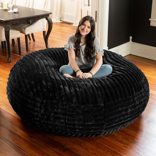 Image of Jaxx 6 Foot Cocoon - Large Bean Bag Chair for Adults, Premium Luxe Faux Fur - Mondo Black