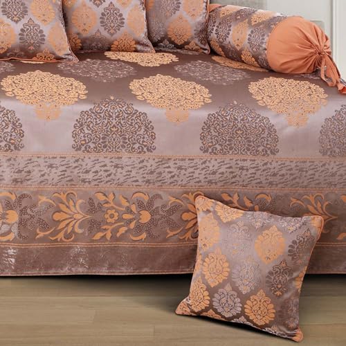 Image of Victor Poly Cotton Styria Satin Geometrical Pattern Diwan Set - 8 Pcs (Greyish Beige, Bed Cover - 60 inchx90 inch, 2 Bolsters - 16 inch x 32 inch & 5 Cushion Covers - 16 inch x 16 inch)