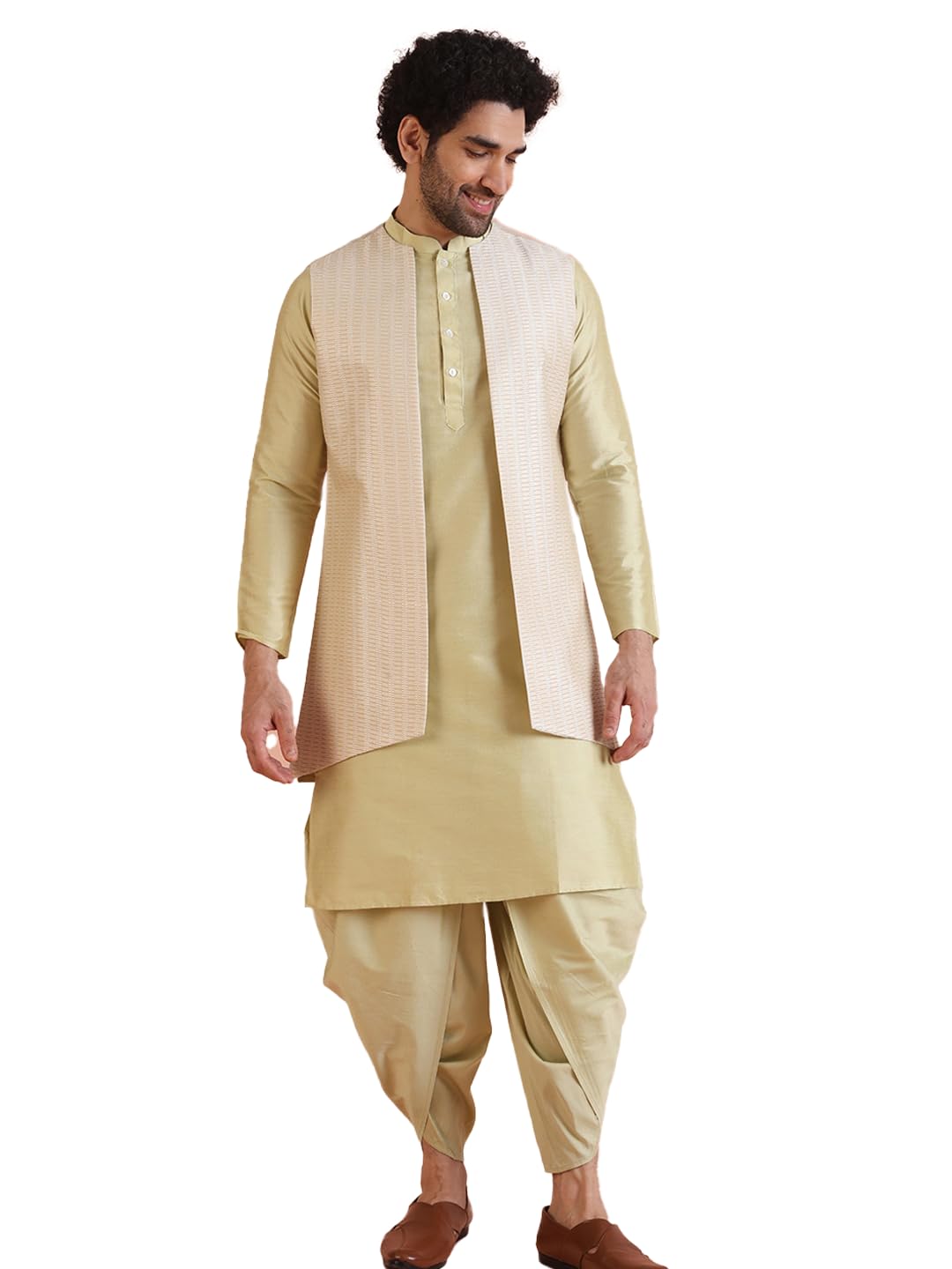 Kisah Mens Jacquard Silk Blend Kurta Jacket Dhoti Set  Traditional Ethnic Wear For Men For Weddings & Festivals, Beige, 44