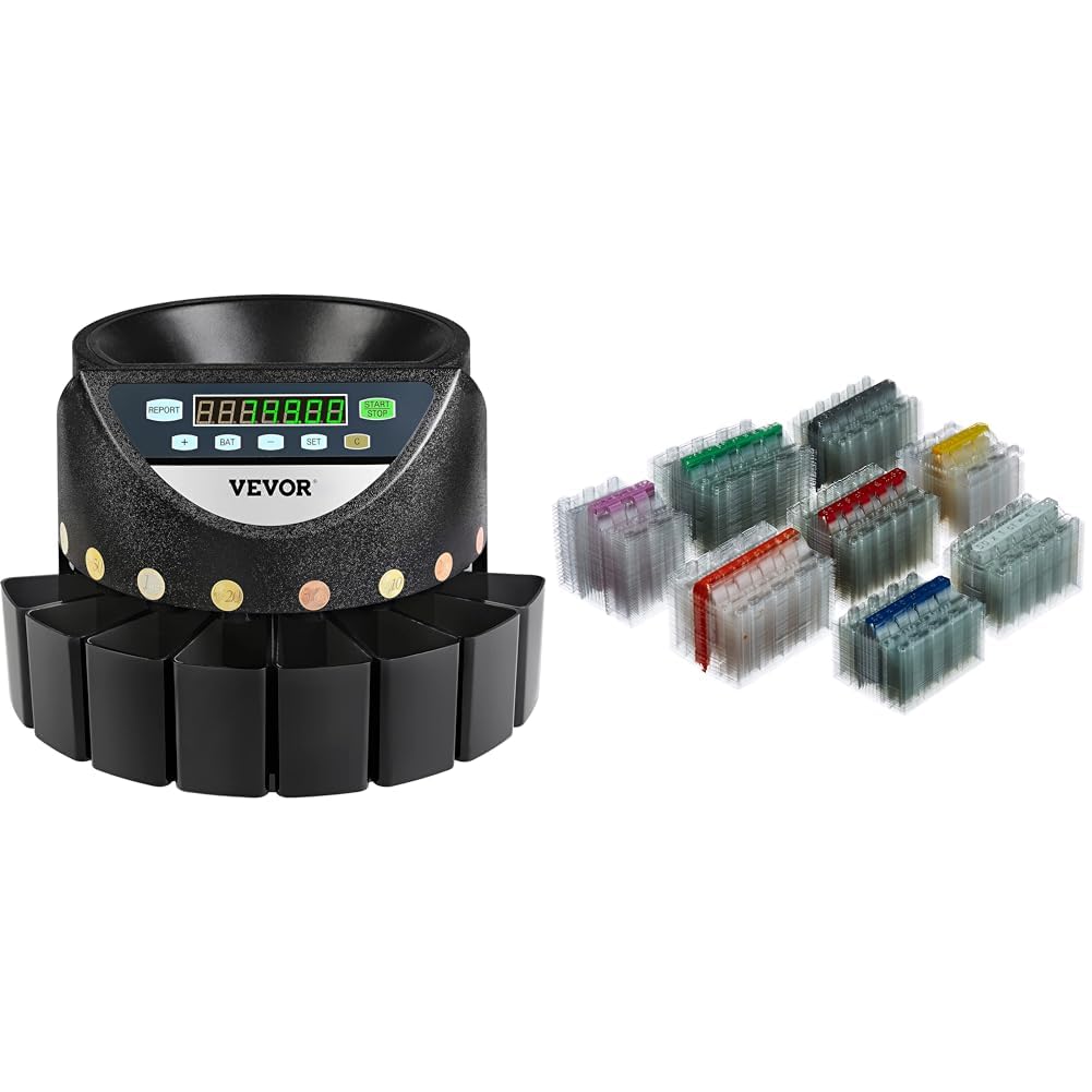 VEVOR Geldzählmaschine münzen 220 V, Kleingeld Sortierer 300 Münzen pro Min & effektivo 10338 Kunststoffmünzhülsen Set für alle Euro-Münzsorten Inh. 400 Stück-8x50,