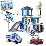 kiothdre City Polizeistation Bausatz, 601PCS Polizeistation Bauspielzeug mit Polizeiauto Truck/Gangsterauto/Hubschrauber, Polizei Station Spielzeug Geschenke für Kinder Jungen 6-12 Jahre