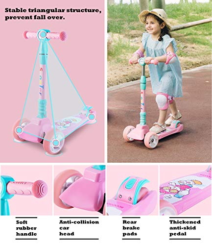 SULIVES Height Adjustable Kick Scooter for Kids with 3 Wheels Best Gifts for Ages 3-5 5-8 6-12 Toddlers Boys Girls(Pink)