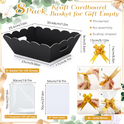 Image of Fuyoooo 8 Pack Black Baskets for Gifts Empty to Fill, Sturdy 10 inch x 12 inch Scalloped Edged Empty Gift Basket Kit Bulk with Handles, 8 Wrap Bags, 16 Tissue Paper and 8 Bows for Wedding Party