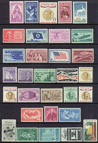 Complete set of US Commemorative Stamps issued in 1957 and 1958 Mint, Never-hinged. Includes issues honoring Lafayette, Alexander Hamilton, Architects, Naval Review, Oklahoma, American Teachers, US Flag, Minnesota, Lincoln, Horticulture, many more