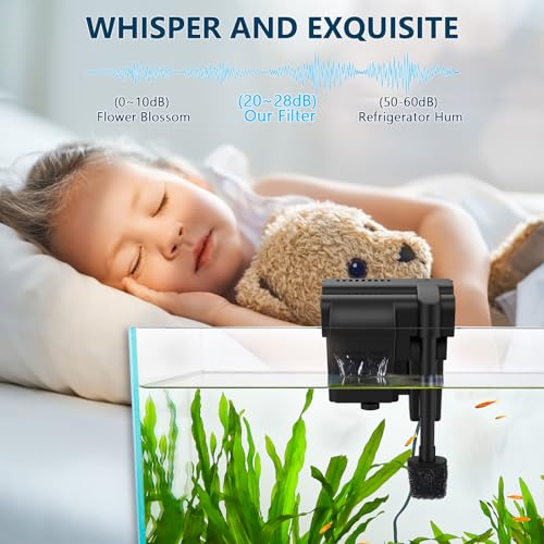 Image of fishkeeper 5W 120GPH Ultra-Quiet Hang On Back Aquarium Filter, <28dB Whisper 4-Stage Biochemical Fish Tank Filter with Waterfall Oxygenation for 5-20Gal Fresh /Saltwater Tanks, w /Two Free Cartridges