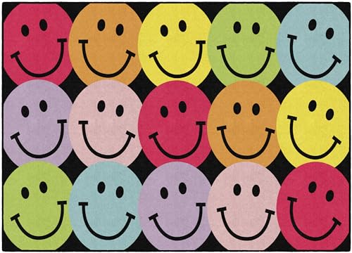 Flagship Carpets Big Rainbow Smiley Faces Educational Area Rug for Kids Room Seating Décor, Children's Classroom, Play Carpet for Teaching and Playroom, 5' x 7'6", Black & Multi