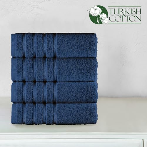 Image of Elegant Comfort 100% Turkish Cotton 4 Lines Viscose Stripe Luxury 4 Pack Hand Towel Set - Ultra Absorbent and Soft 16 x 28 Inch Premium Hotel Spa Quality Towels for Everyday Bath Use, Navy Blue