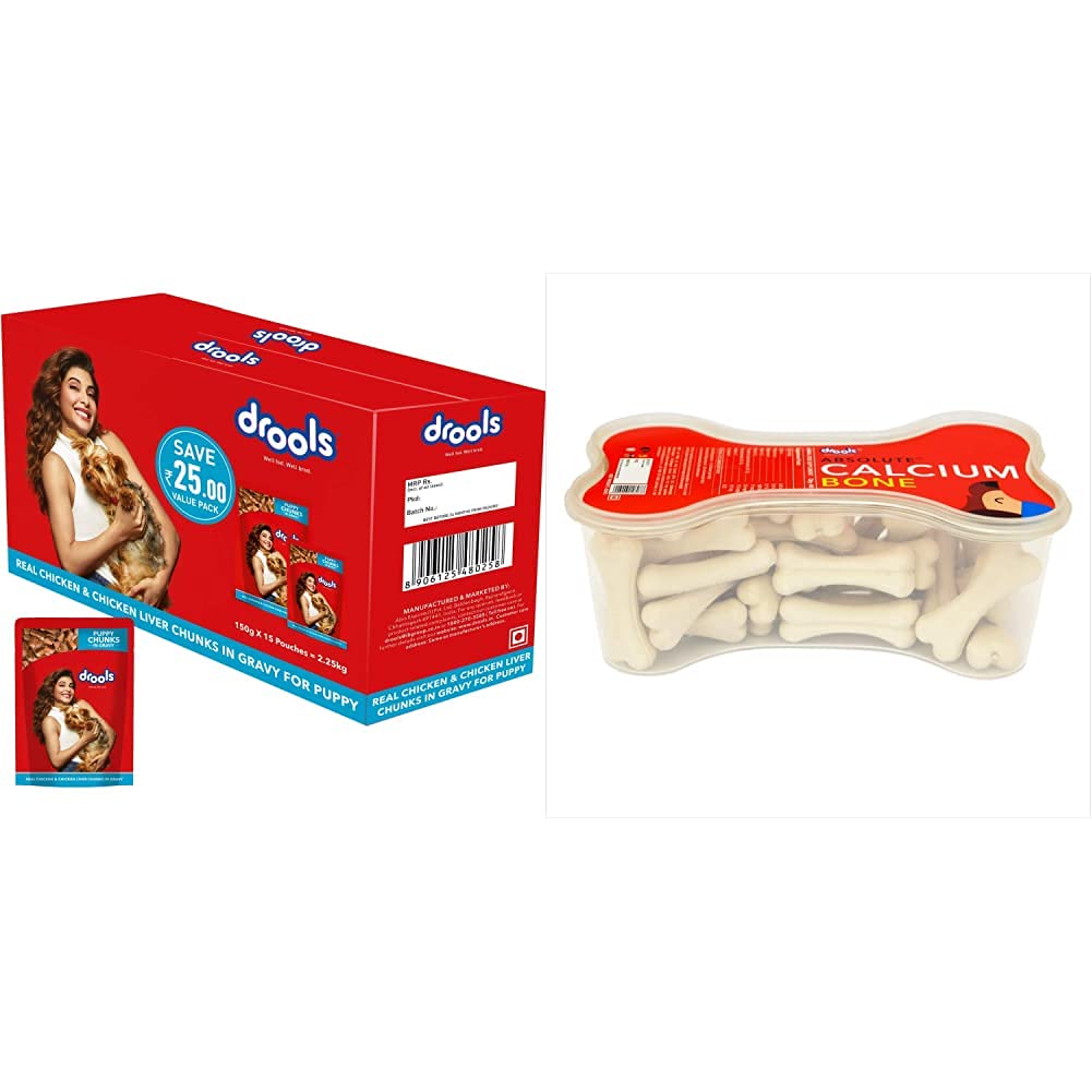 Drools Puppy Wet Dog Food, Real Chicken and Chicken Liver Chunks in Gravy, 15 Pouches (15 x 150g) & Absolute Calcium Bone Jar, Dog Supplement - 40 Pieces (600gm) (B0969ZLMH6) Amazon Price History, Amazon Price Tracker