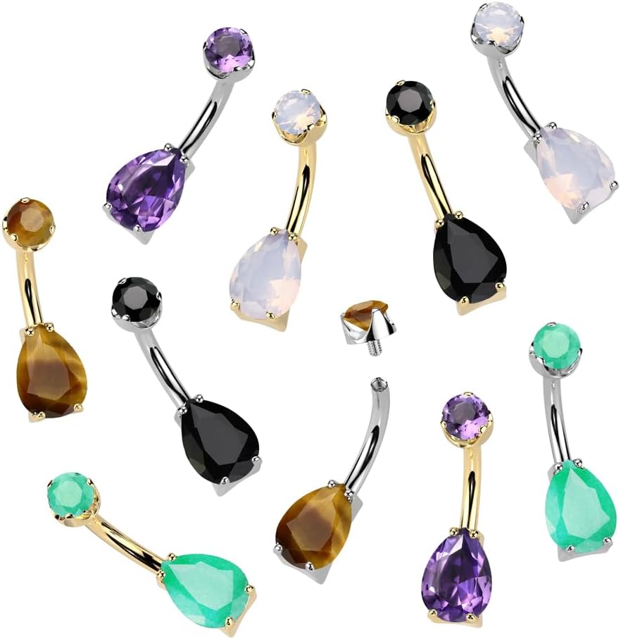Pierced Owl 14GA ASTM F-136 Implant Grade Titanium Internally Threaded Teardrop Shaped Natural Stone Belly Button Ring