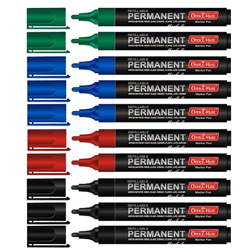 Image of Soni Officemate Permanent Marker Pen | Pack of 10 | Multicolor Bold Marker | Refillable & Waterproof | Quick Dry Alcohol Ink Markers