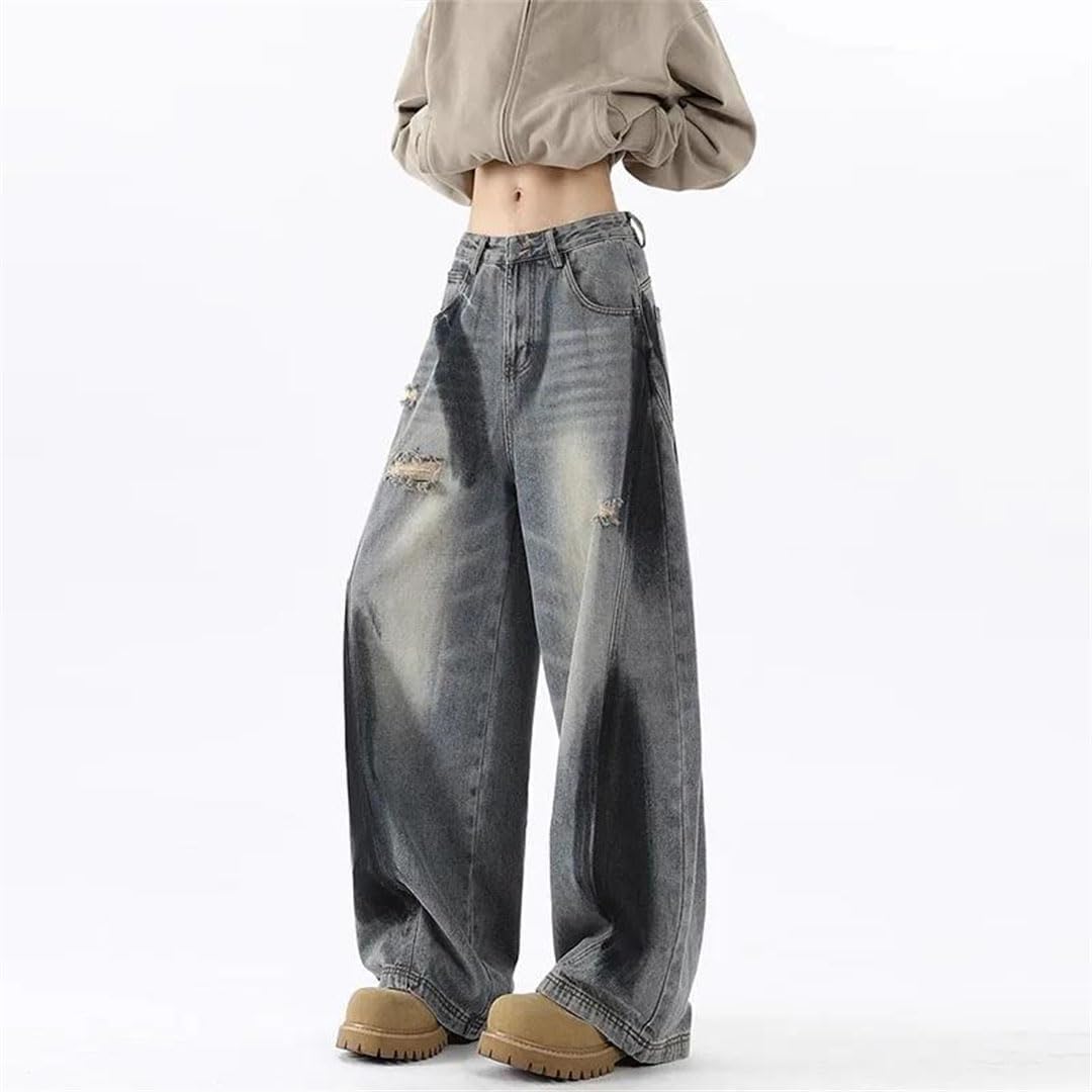 Men's Korean Patchwork Ripped Jeans Retro Wide Leg Straight Baggy Casual Denim Pants