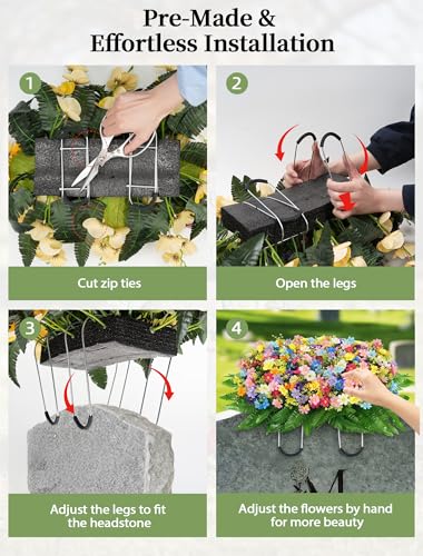 Headstone Flower Saddle Decorations: Spring Cemetery Flowers for Grave Easter Memorial Day - Colorful Artificial Wildflowers for Outdoors Tombstone Gravestone Decor image 8