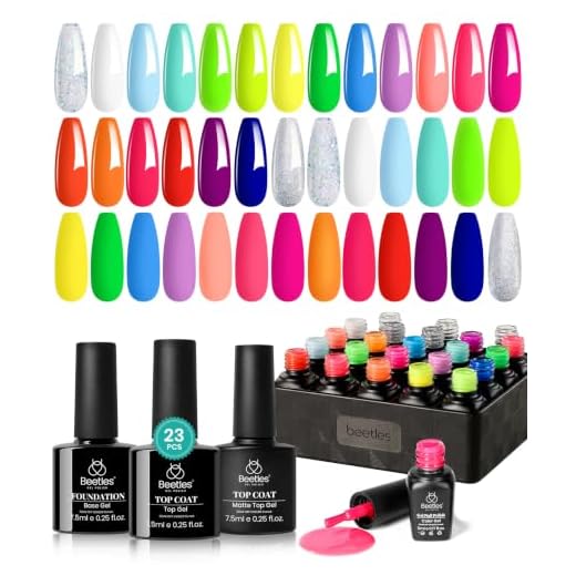Beetles Neon Gel Nail Polish Set, 23 PCS 20 Color Summer Rainbow Gel Polish Kit with 3Pcs Base Top Coat, Hot Pink Orange Blue Lemon Green Glitter Colors Soak Off UV Manicure Gift for Women