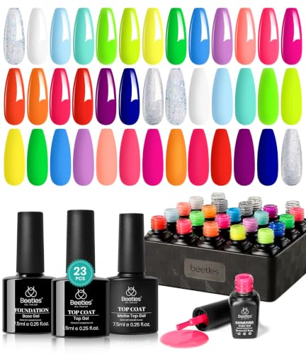 Image of Beetles Neon Gel Nail Polish Set, 23 PCS 20 Color Rainbow Gel Polish Kit | Hot Pink Orange Blue And Lemon Green Glitter Gels With 3Pcs Base Top Coat Set for Uv Soak-Off Manicures Or Gifts