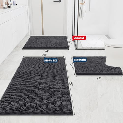 Smiry Luxury Chenille Bathroom Rugs 24x16, Extra Soft and Absorbent Shaggy Bath Mat, Machine Washable, Non-Slip Plush Carpet Runner for Tub, Shower, and Floor, Home Decor Accessories, Charcoal Grey