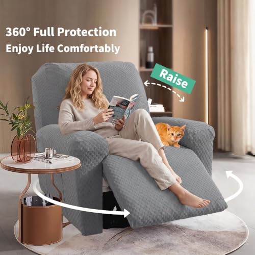 Image of YEMYHOM 4 Pieces Stretch Recliner Slipcover Jacquard Recliner Chair Cover with Side Pocket Anti-Slip Fitted Recliner Cover Couch Furniture Protector with Elastic Bottom (Recliner, Light Gray)