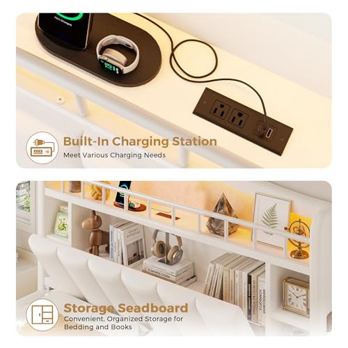 Image of Full Size LED Bed Frame with Storage Headboard, Upholstered Velvet Wood Princess Bed for Girls with 5 Charging Ports (USB-C & AC), Hidden Compartment, Sturdy Aluminum Frame & 2 Silent Drawers Beige