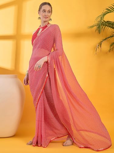 Image of SIRIL Women's Printed Chiffon Saree with Unstitched Blouse Piece