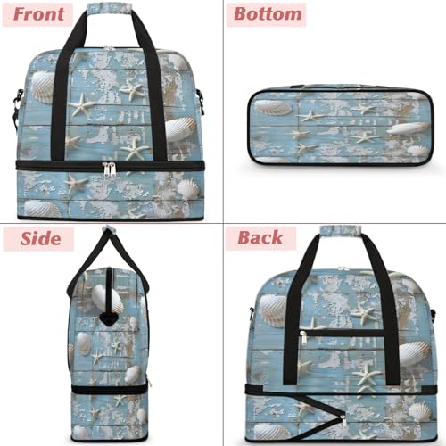 Travel Duffel Bag with Shoe Compartment, Starfishes Shells Shoulder Weekender Bags for Women, Foldable Waterproof Travel Bag Carry on Bag3