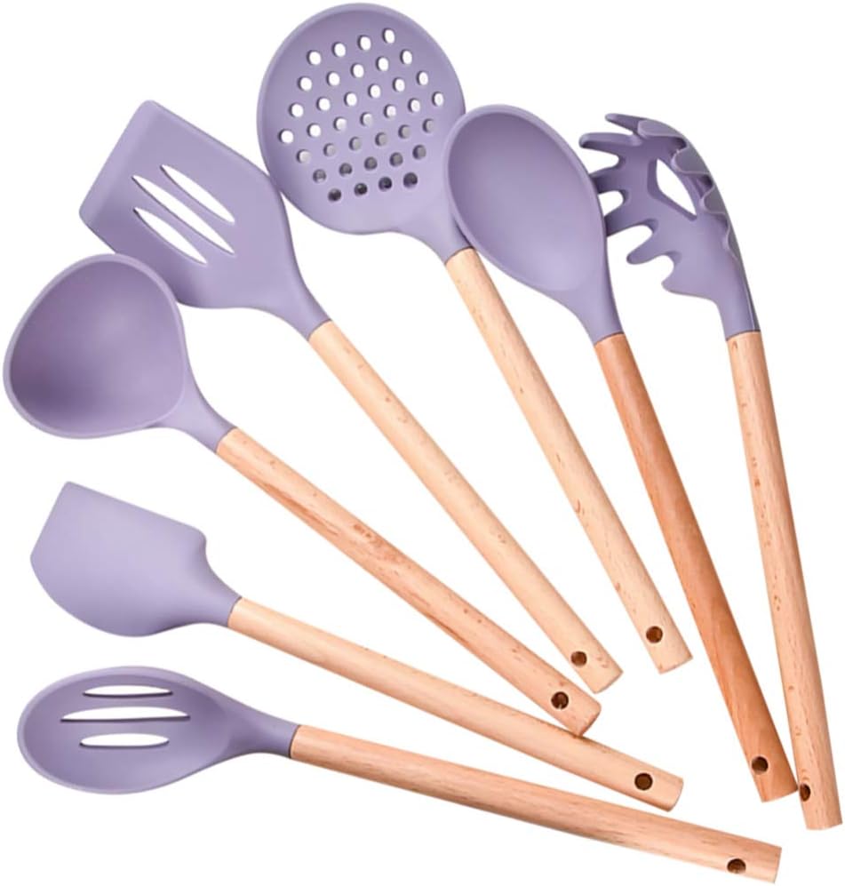 YARDWE Kitchen Utensils Set of 7, Non- stick Silicone Cooking Utensils with Wooden Handle, Heat Resistance Silicone Spatula Spoon Kitchen Gadgets Utensils Set (Purple)