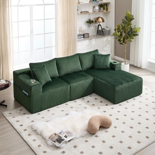 Seyakany - Sofá esquinero en L con bolsillos laterales y portavasos, juego de sofá modular de 3 plazas con chaise longue y 2 plazas, sofás de compresión con 5 cojines, pana (esmeralda)