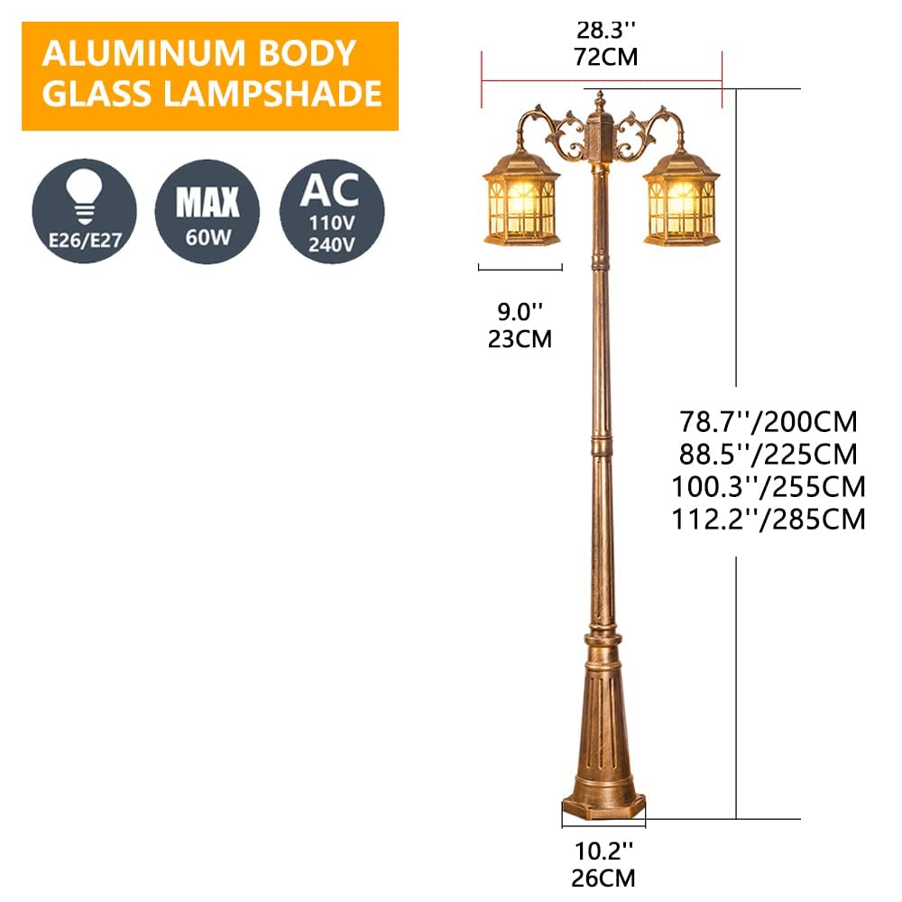 Lamp Post Lights Outdoor, 88inch 2-Head Outdoor Light Aluminum Pillar Garden Path IP65 Waterproof Street Glass Lantern Courtyard Bollard PathLighting (Bronze 78inch)