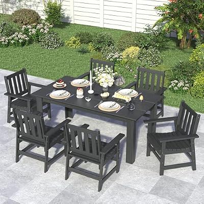 VICLLAX 7 Pieces Patio Dining Set for 6, All Weather HDPE 67" Rectangle Patio Table with 2" Umbrella Hole and 6 Outdoor Dining Chairs for Lawn Garden, Black Outdoor Dining Set