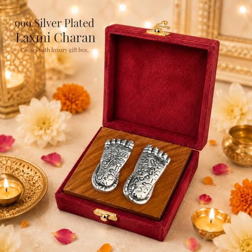 Image of DIVINITI 999 Silver-Plated Laxmi Charan Paduka with Luxury Gift Box|Sacred Lakshmi Charan for Wealth, Prosperity & Positive Energy|Vastu Decor for Home Temple, Diwali & Housewarming Gift|5.5 x 2 cm