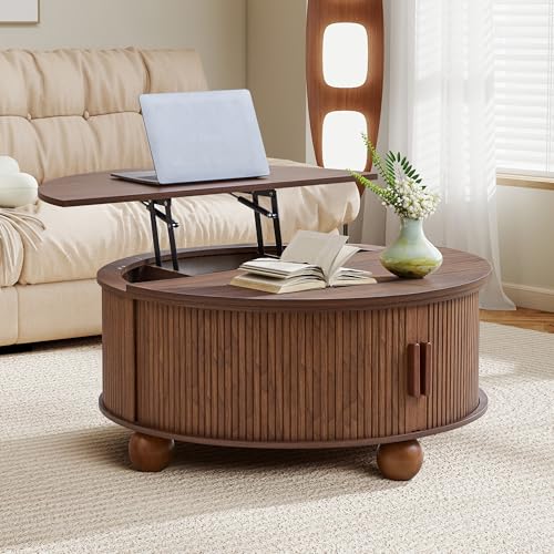 Image of Round Lift Top Coffee Table with Storage, Fluted Circle Coffee Table,Walnut | 33.5 inch Mid Century Modern Lift Top Coffee Table with Sliding Door & Solid Wood Legs, Circle Round Center Table for Living Room
