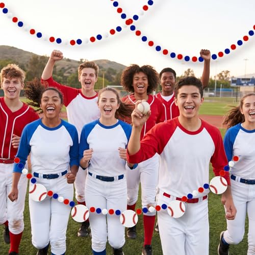 Image of 3 Pcs Baseball Decorations Baseball Felt Garlands Pre-Strung Hanging Banner Red Blue White Pom Pom Happy Party Supplies for Baby Shower Birthday Party