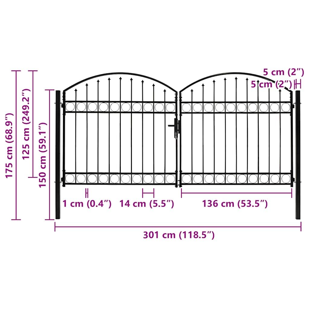 vidaXL Cancela Valla Assen Doble Puerta con Arco Puerta Jardín Accesorios para Entrada Funcional Moderna Estable Duradera Práctica 300x125cm Acero Negro