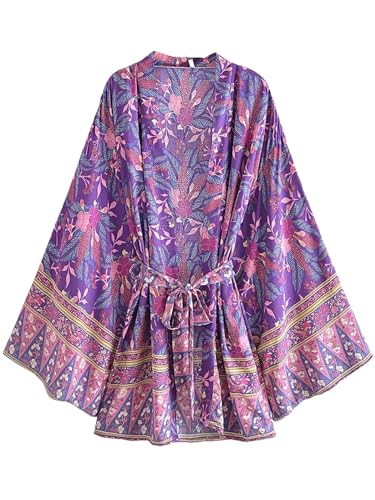 Robe kimono courte fleurie col en V pour style bohème chic