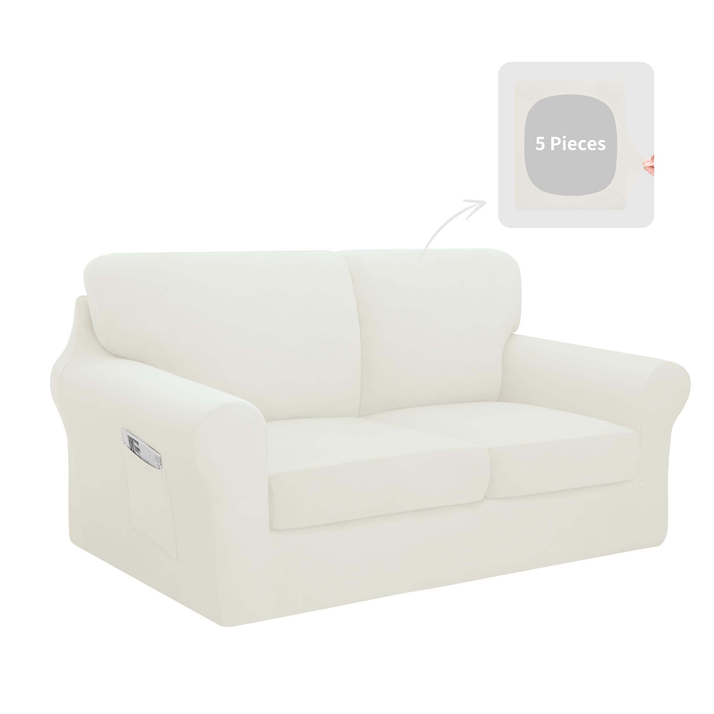 Easy-Going 5 Pieces Stretch Loveseat Couch Cover, Medium, Ivory