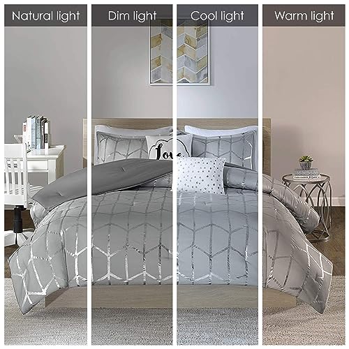 Intelligent Design Raina King / Cal King Comforter Set, Soft Microfiber Comforter Set King, Modern Geometric Metallic Bed Set, 5 Pieces College Bedding Comforter Set With 2 Shams, 2 Toss Pillows Grey #TOP1