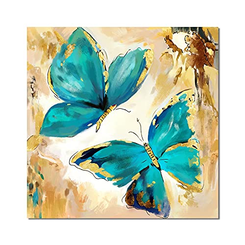 Cuadro de mariposa abstracto verde y dorado en lienzo de 80x80cm decorativo sin marco