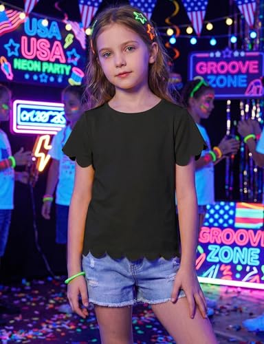Image of Noomelfish Girls Short Sleeve Scalloped Edge T-Shirts Casual Cute Summer Tee Tops Blouse (5-12 Years)