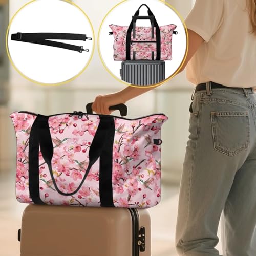 BIGCARJOB Cherry Blossoms Overnight Bags for Women Travel Hummingbird Garment Duffel Bag Carry On Foldable Weekender Bags for Traveling Camping Hiking3