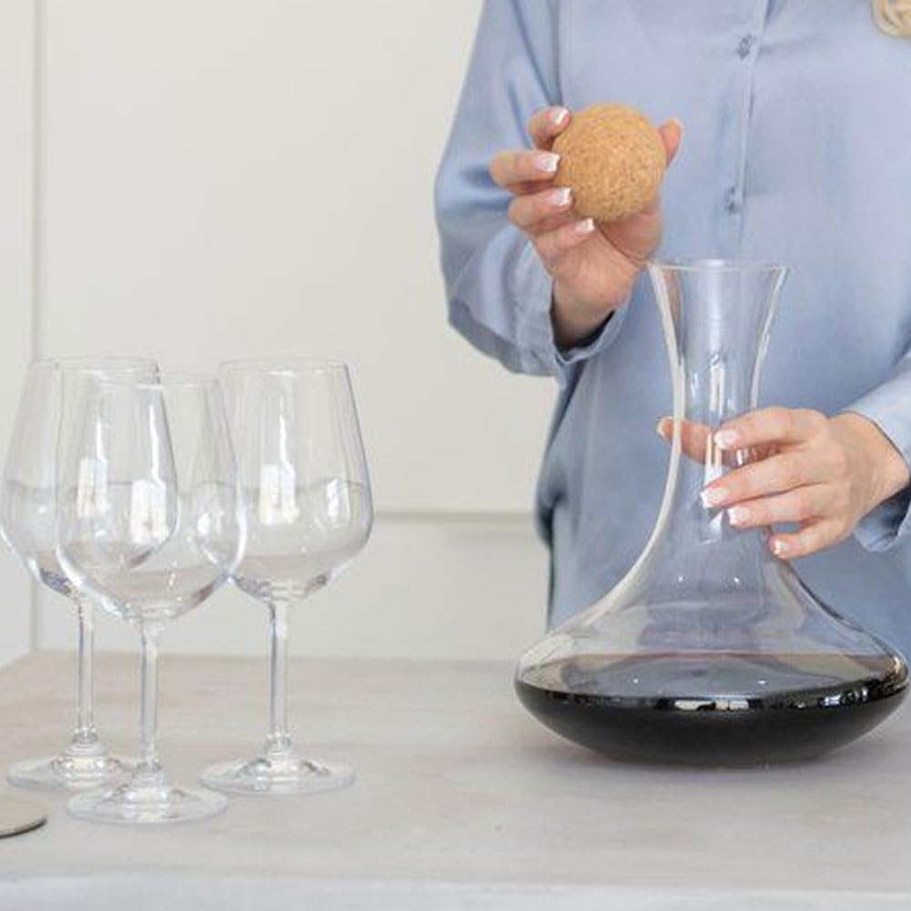 BAKAJI Decanter In Vetro Soffiato Per Vino Capacità 1,1 LT Protezione e Trattiene Sapore Con Tappo in Sughero Naturale Aeratore Decantatore per Rosso