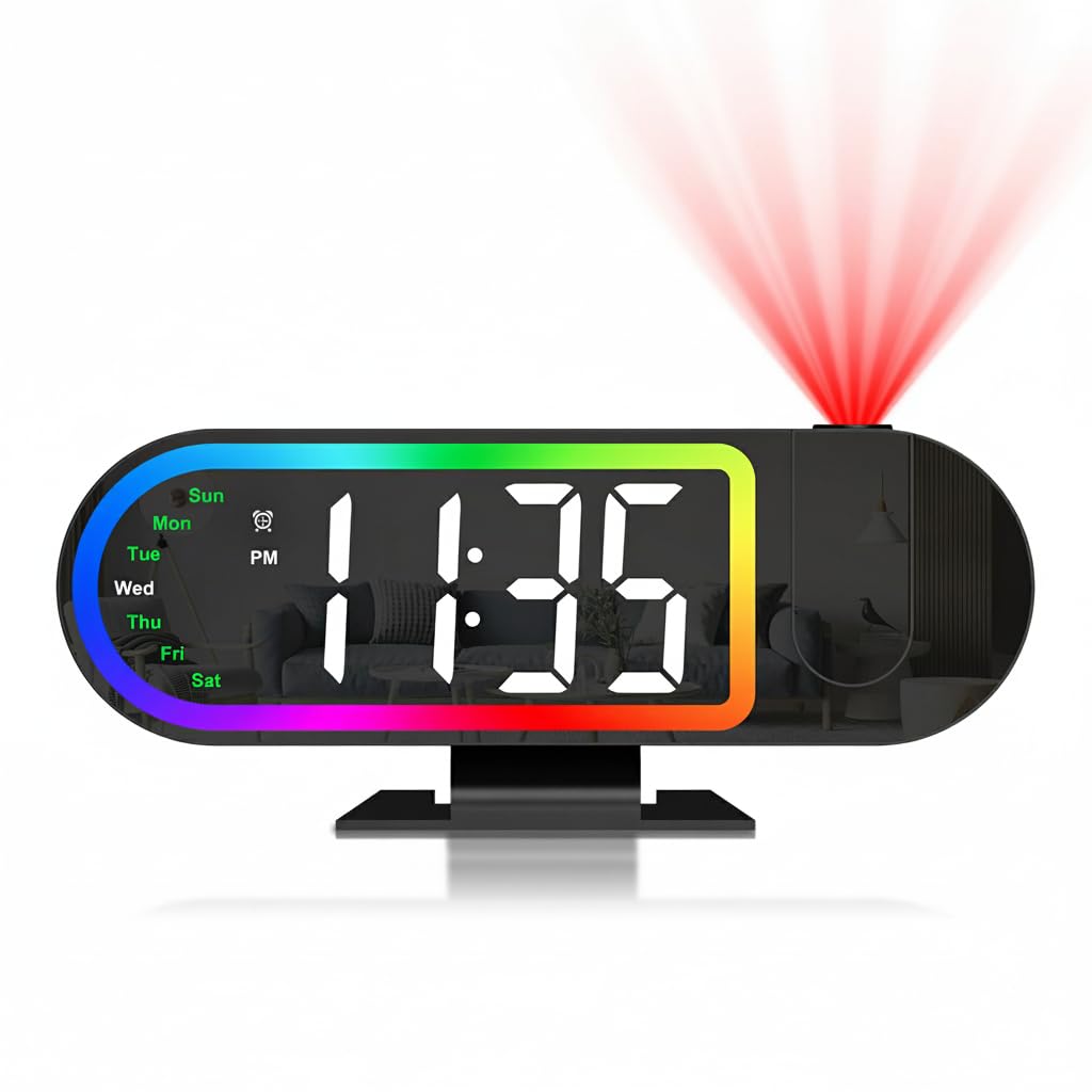 Photo 1 of ORIA Projection Alarm Clocks for Bedrooms, 8.5" Digital Clock with 180° Rotatable Projector, 17 RGB Night Light & 3-Level Dimmer, Snooze, Temperature, for Home, Bedside, Ceiling, Wall