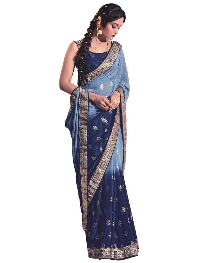 Image of SIRIL Women's Lace & Foil Printed Georgette Saree with Unstitched Blouse Piece(2826S479 Dark Blue, Sky Blue)