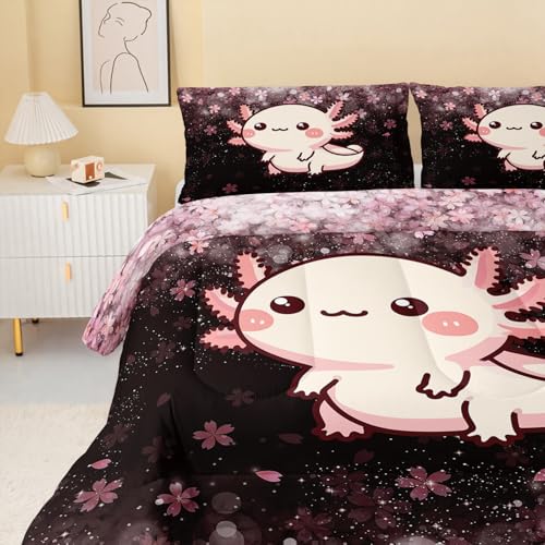 Image of QOOMO Kawaii Axolotl Kids Comforter Set Full Size,Cute Animal Print Bedding Set for Boys Girls Room Decoration,Pink Bed Set Microfiber Lightweight All Season,1 Comforter Set 2 Pillowcases