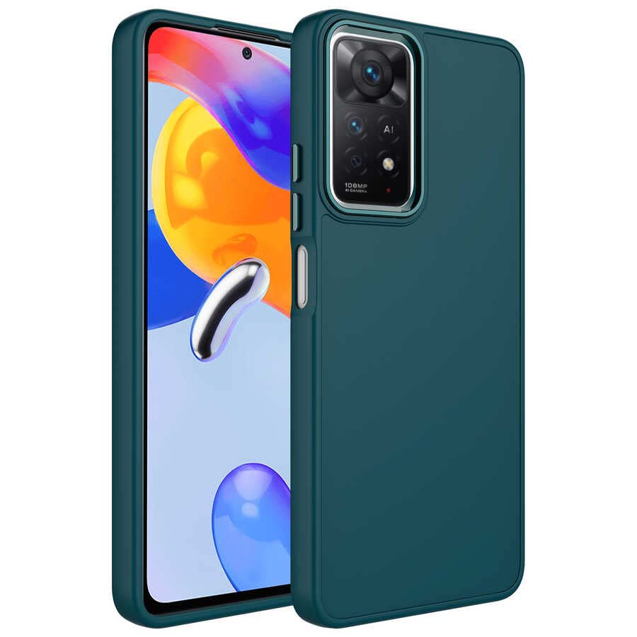 Zore Xiaomi ile uyumlu Redmi Note 11 Pro 5G Kılıf Metal Çerçeve ve Buton Tasarımlı Silikon Zore Luna Kapak Koyu Yeşil