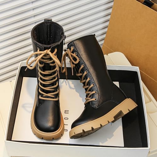 Girls Boots Knee High Long Leather Boot Winter Side Zipper Lace Up Outdoor Booties for Little Kid Big Kid 20254