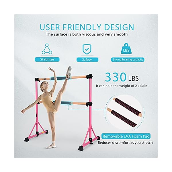 VIVOHOME Portable Anti-Slip 4ft Adjustable Ballet Barre Bar with Beechwood, EVA Pad for Home Gym Double Stretching Freestanding Dance Equipment 330LBS Capacity Stable Pink