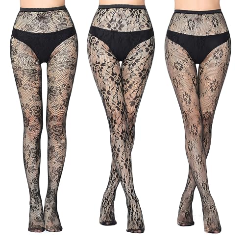 3Pcs Black Tights for Women, Patterned Fishnet Stockings for Women, Stylish Lace Thigh High Stockings Pantyhose Black Fishnets Leggings Lace Tights for Daily Wear Dating Party - Main Image