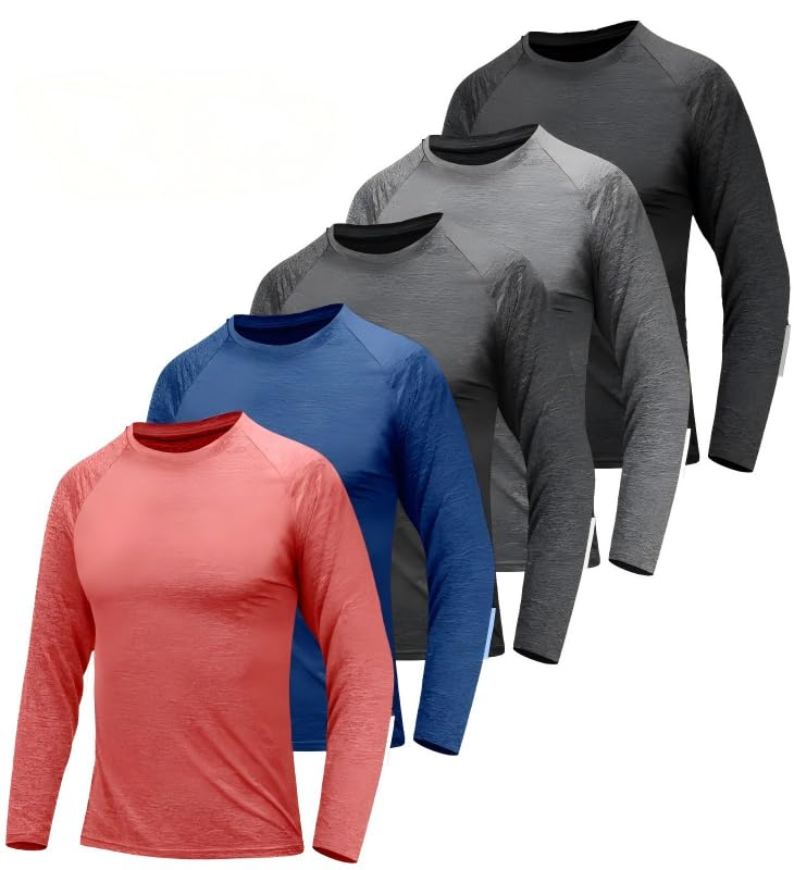 Men's Long-Sleeve T-Shirts, Pack of 3, UPF 50+ UV Protection, Quick-Drying Functional Shirt, Running Shirts, Breathable Sports Shirt, Gym/Running Top, Outdoor, Workout, Fitness Top for Men XL 5 Pack - Black/Dark Grey/Grey/Blue/Orange Red